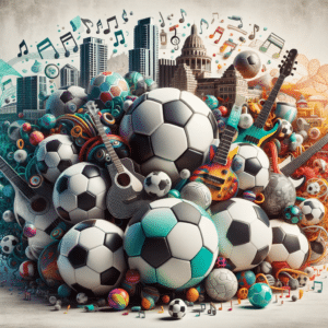 Assortment of soccer balls in various sizes and designs, prominently featuring the text 'Soccer Balls and Sizes', set against a vibrant background infused with Austin's eclectic culture, symbolizing the diversity in soccer ball options for different age groups and play styles